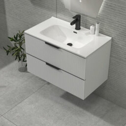 Royal Bathrooms Evora 800mm Matt White Fluted Wall Hung Bathroom Vanity Unit 2 Drawer Cabinet Storage With Ceramic Basin & Matt Black Handles - thumbnail 6
