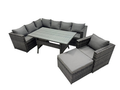 Fimous Outdoor Pe Rattan Sofa Set With Dining Table Patio Garden Furniture Sets With Chair Big Stool Dark Grey Mixed - image 1