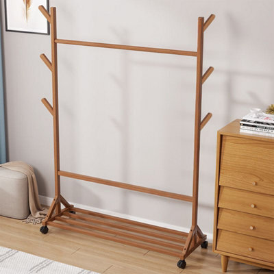 Thehotsale Wooden Garment Hat Rack With Wheels 6 Hooks And Shelf 109 X 38 X 156Cm Brown - image 1