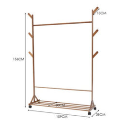 Thehotsale Wooden Garment Hat Rack With Wheels 6 Hooks And Shelf 109 X 38 X 156Cm Brown - thumbnail 9