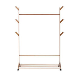 Thehotsale Wooden Garment Hat Rack With Wheels 6 Hooks And Shelf 109 X 38 X 156Cm Brown - thumbnail 3