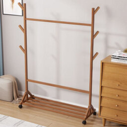 Thehotsale Wooden Garment Hat Rack With Wheels 6 Hooks And Shelf 109 X 38 X 156Cm Brown
