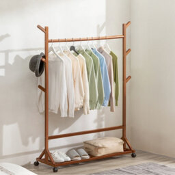 Thehotsale Wooden Garment Hat Rack With Wheels 6 Hooks And Shelf 109 X 38 X 156Cm Brown - thumbnail 2