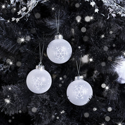 Melody Maison Set Of 3 Round White Frosted Snowflake Christmas Baubles - 8Cm - image 1