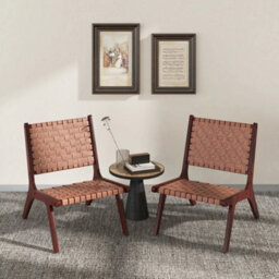 2 Pack Modern Woven Leather Accent Chair Living Room Lounge Chair W/wood Frame - thumbnail 3