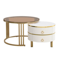 Btm 2-In-1 Mdf Round Coffee Table Set With High-Gloss & Brown Glass, 2 Drawers, Living Room - thumbnail 5