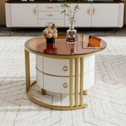 Btm 2-In-1 Mdf Round Coffee Table Set With High-Gloss & Brown Glass, 2 Drawers, Living Room - thumbnail 6
