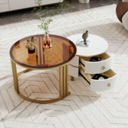 Btm 2-In-1 Mdf Round Coffee Table Set With High-Gloss & Brown Glass, 2 Drawers, Living Room - thumbnail 1