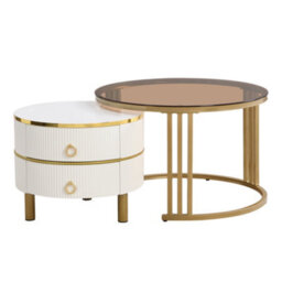 Btm 2-In-1 Mdf Round Coffee Table Set With High-Gloss & Brown Glass, 2 Drawers, Living Room - thumbnail 4