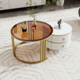 Btm 2-In-1 Mdf Round Coffee Table Set With High-Gloss & Brown Glass, 2 Drawers, Living Room - thumbnail 3