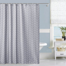 Neel Blue Grey Chevron Polyester Shower Curtain, Water-Resistant Bathroom Curtain With 12 Hooks - 180X200Cm