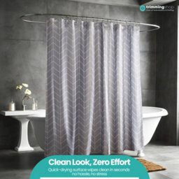 Neel Blue Grey Chevron Polyester Shower Curtain, Water-Resistant Bathroom Curtain With 12 Hooks - 180X200Cm - thumbnail 9