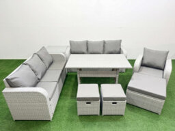 Fimous 10 Seater Poly Rattan Outdoor Garden Furniture Rectangular Dining Table Sofa Set 3 Seater Sofa 3 Stools Side Table - thumbnail 2