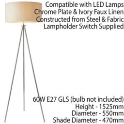 Sleek Tripod Floor Lamp Chrome E27 Free Standing Lounge Light & Ivory Shade - thumbnail 2