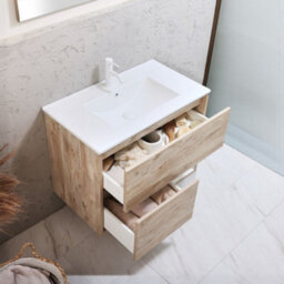 Homestylestore Light Oak 812mm Wall Hung Bathroom Vanity Unit Led Lit Open Shelf And Chalk Basin - thumbnail 2