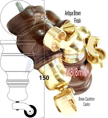 L&F 4X Solid Wooden Feet With Brass Cauldron Castors Replacement Furniture Legs 145mm Height  Sofas Chairs Stools  M8(8mm) Tsp2005 - image 1