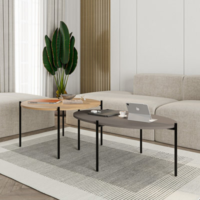 Decortie Odelia Modern Nesting Coffee Table Set Of 2 Scandi Metal Legs Oak, Mocha Grey Living Room - image 1