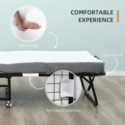 Homcom Folding Bed With 10Cm Mattress, Portable Foldable Guest Bed With Wheels - thumbnail 6