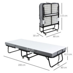 Homcom Folding Bed With 10Cm Mattress, Portable Foldable Guest Bed With Wheels - thumbnail 3