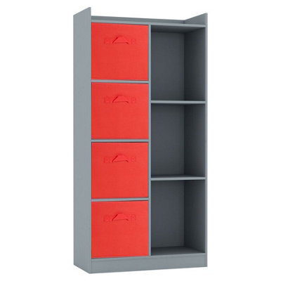 Urbn-Living Urbnliving Height 128Cm Wooden Grey 7 Cube Bookcase With Red Drawers Tall Shelving Display Storage Unit Cabinet - image 1
