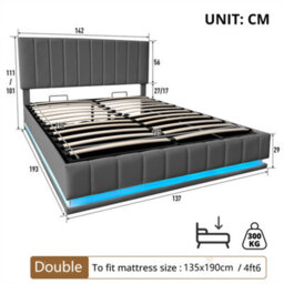 Abrihome Ottoman 4Ft6 Double Bed With Led Lighting, With Hydraulic Storage, With Adjustable Channel Tufted Headboard, Pu Leather, Grey - thumbnail 6