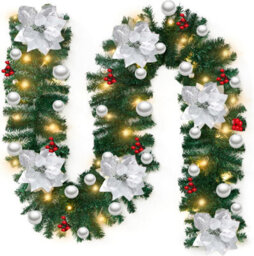 Vivo Silver 9Ft Pre Lit Christmas Garland With Lights Door Wreath - thumbnail 1