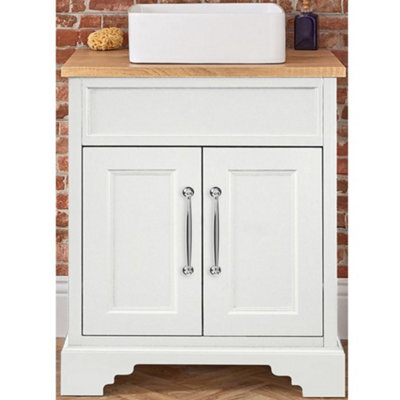 Homestylestore Antique White And Oak 645mm Bathroom Vanity Unit With Square Countertop Basin And Chrome T Bar Handles - image 1