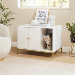 Songmics Hidden Litter Box, Cat House, Side Table Style With Scratching Mat And Raised Legs, White And Gold