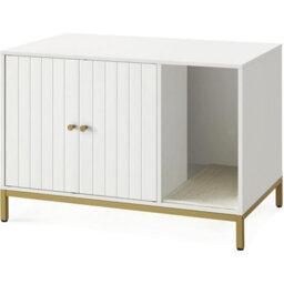 Songmics Hidden Litter Box, Cat House, Side Table Style With Scratching Mat And Raised Legs, White And Gold - thumbnail 9