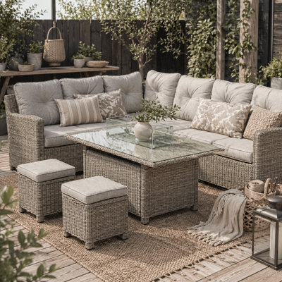 Wyld Haus Fiva 8-Seater L-Shaped Faux Rattan Outdoor Sofa Set With Fire Pit Table, 2 Footstools And Cover - image 1