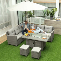 Wyld Haus Fiva 8-Seater L-Shaped Faux Rattan Outdoor Sofa Set With Fire Pit Table, 2 Footstools And Cover - thumbnail 3