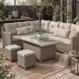 Wyld Haus Fiva 8-Seater L-Shaped Faux Rattan Outdoor Sofa Set With Fire Pit Table, 2 Footstools And Cover - thumbnail 1