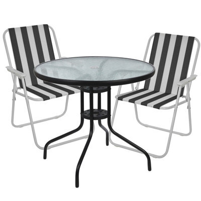 Urbn-Living Urbnliving 2Pcs White & Black Stripes Folding Deck Chairs With Garden Table Outdoor Patio Dining Furniture Set - image 1