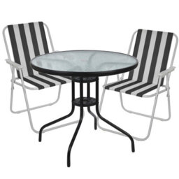 Urbn-Living Urbnliving 2Pcs White & Black Stripes Folding Deck Chairs With Garden Table Outdoor Patio Dining Furniture Set - thumbnail 1