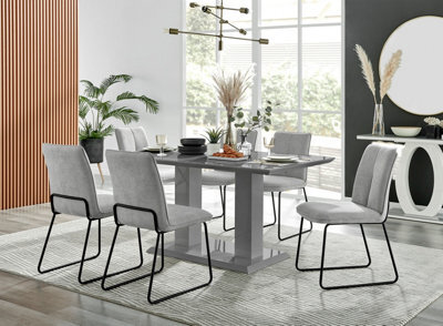Furniturebox Imperia Grey High Gloss 6 Seater Dining Table With Structural 2 Plinth Column Legs Light Grey Fabric Halle Modern Chairs - image 1