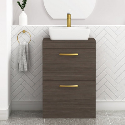 Royal Bathrooms 600mm Floor Standing Vanity Unit 2 Drawer Grey Elm & Countertop Basin - Cube With Brushed Brass Handle - image 1