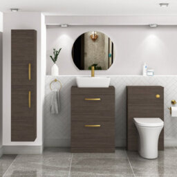 Royal Bathrooms 600mm Floor Standing Vanity Unit 2 Drawer Grey Elm & Countertop Basin - Cube With Brushed Brass Handle - thumbnail 2
