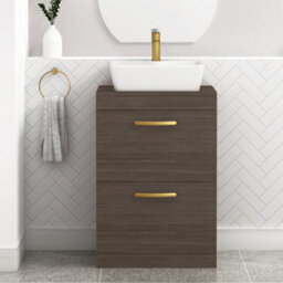 Royal Bathrooms 600mm Floor Standing Vanity Unit 2 Drawer Grey Elm & Countertop Basin - Cube With Brushed Brass Handle - thumbnail 1
