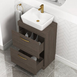 Royal Bathrooms 600mm Floor Standing Vanity Unit 2 Drawer Grey Elm & Countertop Basin - Cube With Brushed Brass Handle - thumbnail 3