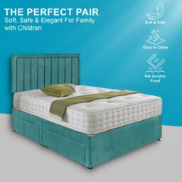 Dining Tables Cairo Matching Headboard Divan Set, 2 Drawer On Same Side With Sprung 1500 Comfort Mattress - Plush Velvet Duck Egg - Double - thumbnail 2
