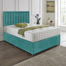 Dining Tables Cairo Matching Headboard Divan Set, 2 Drawer On Same Side With Sprung 1500 Comfort Mattress - Plush Velvet Duck Egg - Double - thumbnail 1
