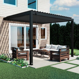 Backyard Discovery Evanston Wall Mounted Louvered Steel Outdoor Patio Pergola With Powerport 3.6M X 3.1M (12Ft X 10Ft)