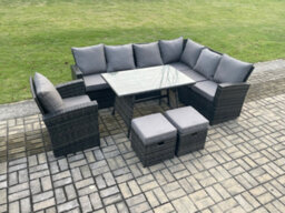 Fimous Outdoor Furniture Garden Dining Set Rattan Corner Sofa Chair Set Rectangular Dining Table With Temper Glass Footstools - thumbnail 1