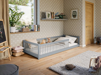 Arte Montessori Wooden Single Bed Pedro Eu Single - Floor-Hugging Grey Pine, Protective Spindle Frame & Slat Kit - image 1