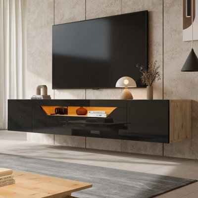 "Abrihome Floating High-Gloss Tv Stand, 180Cm, Black. Led Lights, Pull-Down Door, 2 Cabinets. For 75"" Tvs, Perfect For Living Room & Bedroom" - image 1