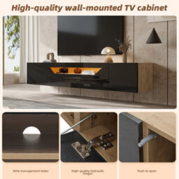 "Abrihome Floating High-Gloss Tv Stand, 180Cm, Black. Led Lights, Pull-Down Door, 2 Cabinets. For 75"" Tvs, Perfect For Living Room & Bedroom" - thumbnail 6