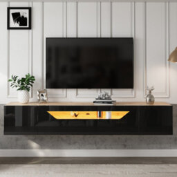 "Abrihome Floating High-Gloss Tv Stand, 180Cm, Black. Led Lights, Pull-Down Door, 2 Cabinets. For 75"" Tvs, Perfect For Living Room & Bedroom" - thumbnail 2