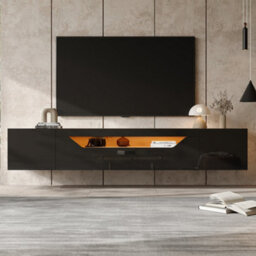 "Abrihome Floating High-Gloss Tv Stand, 180Cm, Black. Led Lights, Pull-Down Door, 2 Cabinets. For 75"" Tvs, Perfect For Living Room & Bedroom" - thumbnail 3