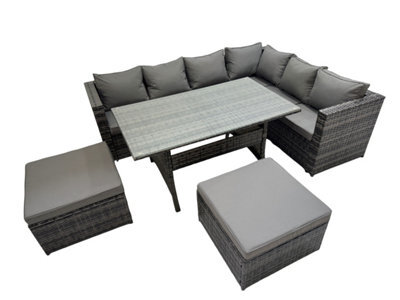Fimous Rattan Garden Furniture Set Outdoor 8 Seater Patio Dining Corner Sofa Sets With Dining Table 2 Big Stools Dark Grey Mixed - image 1