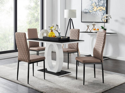 Furniturebox Giovani Rectangular 4 Seat White High Gloss Unique Halo Dining Table Black Glass Top 4 Beige Faux Leather Black Leg Milan Chairs - image 1